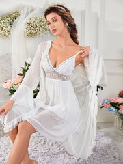 Pajama Set Robe White Dress And A Top Contrasting Lace Embroidery Lingerie