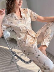 Cotton Satin Blouse And Pajama Pants Set  Contrast Stripes In Floral Print Lingerie