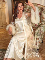 Mesh and Satin Cami Dress Pajama Set Womens Lingerie