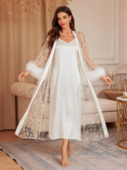 Romantic Floral Embroidered Long Sleeve Mesh Robe Womens Lingerie