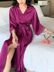 Long Sleeve Lace Detail Satin Robe Solid Color Womens Lingerie