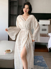 Bell Sleeve Long Nightdress Jacquard Ribbed Collar Womens Lingerie
