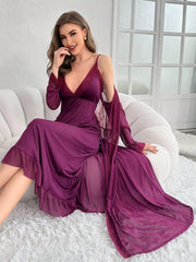 Lace Detail Mesh Robe and Cami Dress Pajama Set Womens Lingerie