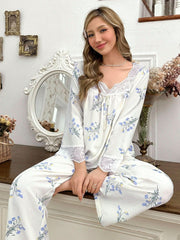 Floral Lace Patchwork V-Neck Long Sleeve Pajama Set Lingerie