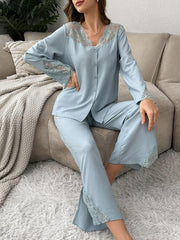 Contrast Lace Embroidery Cardigan Sleepwear Set Womens Lingerie