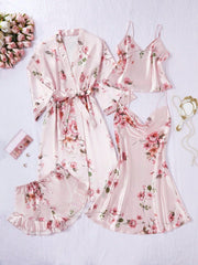 5 Piece Floral Print Faux Silk Pajama Set Womens Lingerie