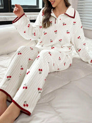 Pajamas Set Cherry Hem Turn-down Collar Set Lingerie