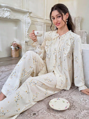 Print V-Neck Sweater And Pants Pajama Set Womens Lingerie