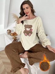 Cute Bear Embroidery Long Sleeve Pants Pajama Set Womens Lingerie