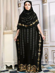 عباية أنيقة من مزيج الفيسكوز بطبعة زهور ذهبية ووشاح متناسق، رداء طويل محتشم بتفاصيل منسوجة من مجموعة الشرق الأوسط