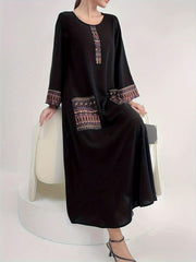 فستان قفطان تقليدي نسائي بنمط هندسي، رقبة دائرية، أكمام طويلة، نمط عربي من البوليستر، رداء صيفي تركي منسوج من القماش