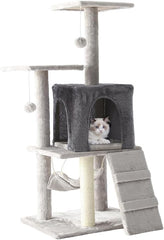 indoor cat tree with sisal covered catch posts and plush catch balls