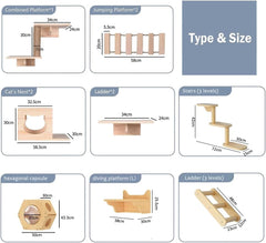 Wall Shelf Furniture Set and Perch - Floating Wooden Climbing Furniture With 4 Shelves, 2 Houses, 2 Ladders and 1 Scratching Post for Cats (Diving Platform L)
