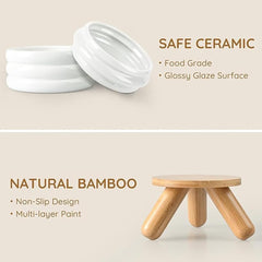 Elevated Ceramic Cat Bowl with Wooden Stand Raised Pet Dishes for Food and Water Anti-Slip Design Dishwasher Microwave Safe Water Bowl (White, Cat Food Bowl)