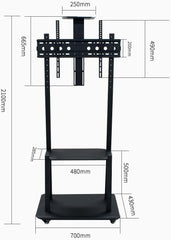 NEW Tall Mobile Floor TV Mount Stand Height Adjustable with Lockable Casters and 2 Tier AV Shelves for Extra Large Flat Panel LED LCD Plasma Screen up to 75 inch VESA 600x400 Load 70KG (Black)