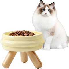 Elevated Ceramic Cat Bowl with Wooden Stand Raised Pet Dishes for Food and Water Anti-Slip Design Dishwasher Microwave Safe Water Bowl (White, Cat Food Bowl)