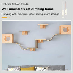 Wall Shelf Furniture Set and Perch - Floating Wooden Climbing Furniture With 4 Shelves, 2 Houses, 2 Ladders and 1 Scratching Post for Cats (Diving Platform L)