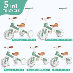 Tricycles for 1-3 Year Olds, 5 in 1 Toddler Balance Bike with Removable Pedal, Push Trike Toys with Adjustable Pushrod for 2 3 4 5 Year Old Boys & Girls, Birthday Gifts for Kids