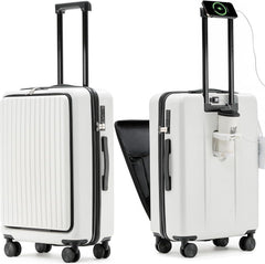 Winsoyya Suitcase Trolley Carry on Hand Cabin Luggage Hard Shell Travel Bag Lightweight, Silent Wheels Carry on Suitcase, with Cup Holder & USB Port, Front Pocket, 20 inch (Blue)