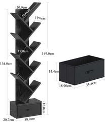 Tree Bookshelf with Drawer, 9 Shelf Rustic, Retro Wood Storage Rack for CDs/Movies/Books, Ladder Shelf, Utility Organizer Shelves for Living Room, Bedroom, Home Office (black)