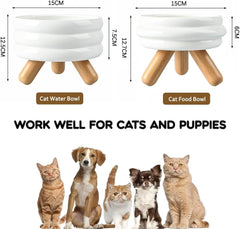 Elevated Ceramic Cat Bowl with Wooden Stand Raised Pet Dishes for Food and Water Anti-Slip Design Dishwasher Microwave Safe Water Bowl (White, Cat Food Bowl)