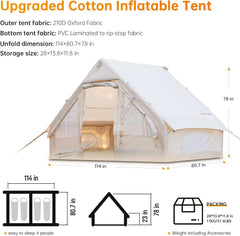 Inflatable Camping Tent with Pump, Glamping Tents, Easy Setup 4 Season Waterproof Windproof Outdoor Blow Up Tent, Luxury Cabin Tent with Mesh Windows & Doors