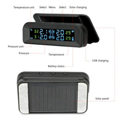 Tire Pressure Monitoring System Wireless Solar TPMS, Tire Pressure Monitor Installed on Windowshield with 4 External Sensors Real-time Display Temperature Pressure 22-87 PSI for Car RV SUV MPV Sedan