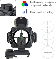 UUQ Prism 4x32 Red/Green/Blue Triple Illuminated Rapid Range Reticle Rifle Scope W/Top Fiber Optic Sight and Weaver Slots