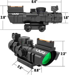 UUQ Prism 4x32 Red/Green/Blue Triple Illuminated Rapid Range Reticle Rifle Scope W/Top Fiber Optic Sight and Weaver Slots