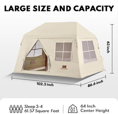Inflatable Tents for Camping, Blow Up Tent with Hand Pump, 3-4 Person Air Glamping Tent with Canopy, Easy Setup 4 Season Waterproof Windproof Outdoor Glamping House(Brown)