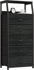 Black Chest of Drawers with 5 Drawers, Vertical Storage Tower Fabric Chest for Bedroom, Hallway, Entryway, Nursery, Closet Organizer, Nightstand Bedside Furniture, Durable Steel Frame, Wooden Top