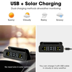 Tire Pressure Monitoring System Wireless Solar TPMS, Tire Pressure Monitor Installed on Windowshield with 4 External Sensors Real-time Display Temperature Pressure 22-87 PSI for Car RV SUV MPV Sedan