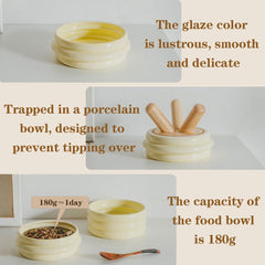 Elevated Ceramic Cat Bowl with Wooden Stand Raised Pet Dishes for Food and Water Anti-Slip Design Dishwasher Microwave Safe Water Bowl (White, Cat Food Bowl)