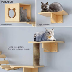 Wall Shelf Furniture Set and Perch - Floating Wooden Climbing Furniture With 4 Shelves, 2 Houses, 2 Ladders and 1 Scratching Post for Cats (Diving Platform L)
