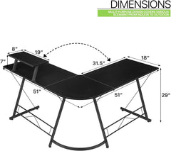 Bentifar L-Shaped Desk Computer Corner Table, 51" Home Gaming Desk, (Black, (51"+51") L x 18.2"W x 29.5"H)