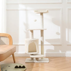 indoor cat tree with sisal covered catch posts and plush catch balls
