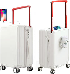 Winsoyya Suitcase Trolley Carry on Hand Cabin Luggage Hard Shell Travel Bag Lightweight, Wide Handle Cup Holder Silent Wheels USB Port Charging 20 Inch Cabin Bag (White)