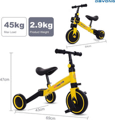 دايونغ دراجة ثلاثية العجلات للاطفال 3 في 1 مع 3 عجلات، دراجة ثلاثية العجلات للاطفال بعمر 1-4 سنوات، دراجة توازن مع دواسة قابلة للازالة للاولاد والبنات (اصفر)
