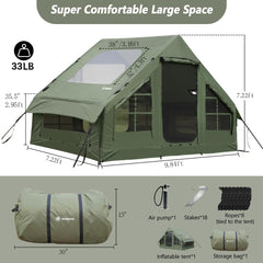 Inflatable Tent for Camping with Hand Pump Blow Up Tent Glamping 4 Season Air, Easy Setup Waterproof Outdoor Oxford Army Green 4-6 Person House Breathable Large Luxury