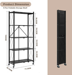 5 Tier Thickened Foldable Storage Rack with Wheels (Black, 5-Tier)