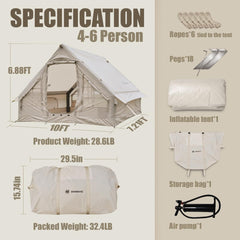 Inflatable Tent Air Tent Camping Tent 4 People with Pump Large Outdoor Oxford Tent Cabin Tent with Double Layer Mesh Windows and Convective Double Doors (M: 330 x 220 x 210 cm)