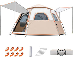 Beauenty Hexagonal Automatic Pop Up Tent with 2 Doors and 4 Windows, Waterproof Sunshade Portable Instant Dome Tent, Large Outdoor Camping Beach Picnic Fishing Tents for 5-8 People (Beige)