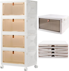 Chulovs Plastic Storage Bins with Lids, Stackable Storage Containers with Wheels, Folding Storage Boxes, Stackable Cabinet Storage Containers for Home Living Room Office Closet (5-Tier)