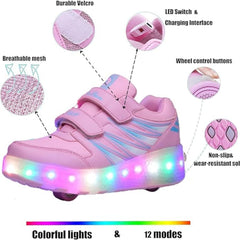 CCOVERY Kid Roller Skates Shoes,Kid Skateboarding Shoes,LED Light Up Shoes,USB Rechargealbe Shoes,Outdoor Slip Skates Shoes,Sneakers for Beginners Gift