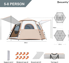 Beauenty Hexagonal Automatic Pop Up Tent with 2 Doors and 4 Windows, Waterproof Sunshade Portable Instant Dome Tent, Large Outdoor Camping Beach Picnic Fishing Tents for 5-8 People (Beige)