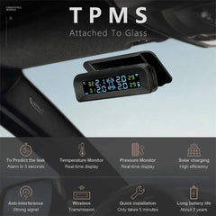 Tire Pressure Monitoring System Wireless Solar TPMS, Tire Pressure Monitor Installed on Windowshield with 4 External Sensors Real-time Display Temperature Pressure 22-87 PSI for Car RV SUV MPV Sedan