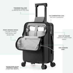 TERE 20" Carry On Luggage Travel Trolley Bag Suitcase with Front Open Laptop Compartment, USB Port Charging, Cup Holder, Silent Wheels, Hook (Black)