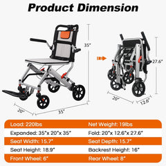 Super Lightweight (Only 19lbs) Portable Transit Travel Wheelchair, Folding Transport Wheelchairs for Adults and Seniors Support 220lbs