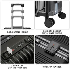 CAARANY Versatile Aluminum Frame Carry-On Luggage with USB Charging Port, Front Compartment, TSA Lock, Airline Approved Carry On Hardside Suitcase with Spinner Wheels