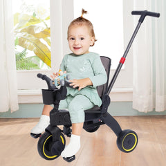 ماسرو دراجة ثلاثية العجلات للاطفال، هدايا عيد ميلاد وألعاب للاولاد والبنات من سن 1-3 سنوات، دراجة ثلاثية العجلات مع مقبض دفع ومسند ظهر وحزام امان، دراجة توازن 5 في 1 صغيرة الحجم وقابلة للطي، مناسبة